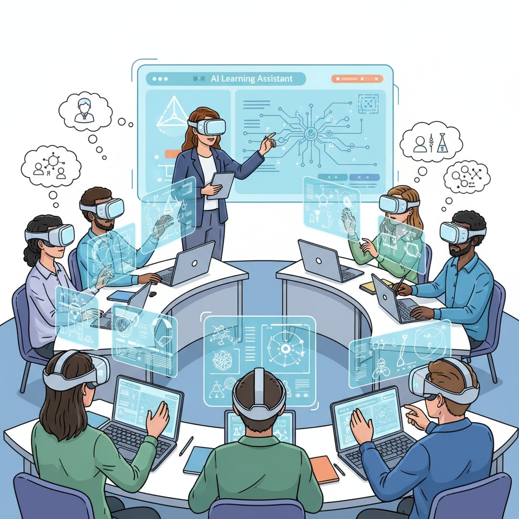 Students in a university classroom using VR headsets for AI-enhanced learning, relevant to artificial intelligence, higher education, and the future of universities