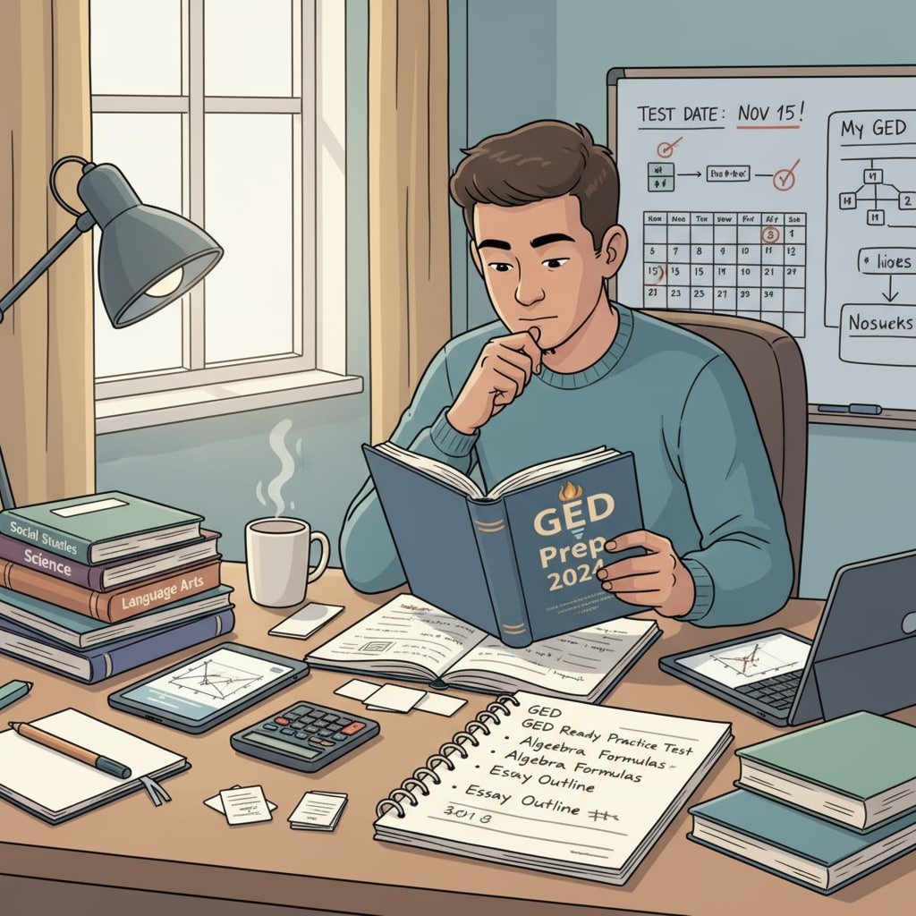 Student preparing for GED test at home