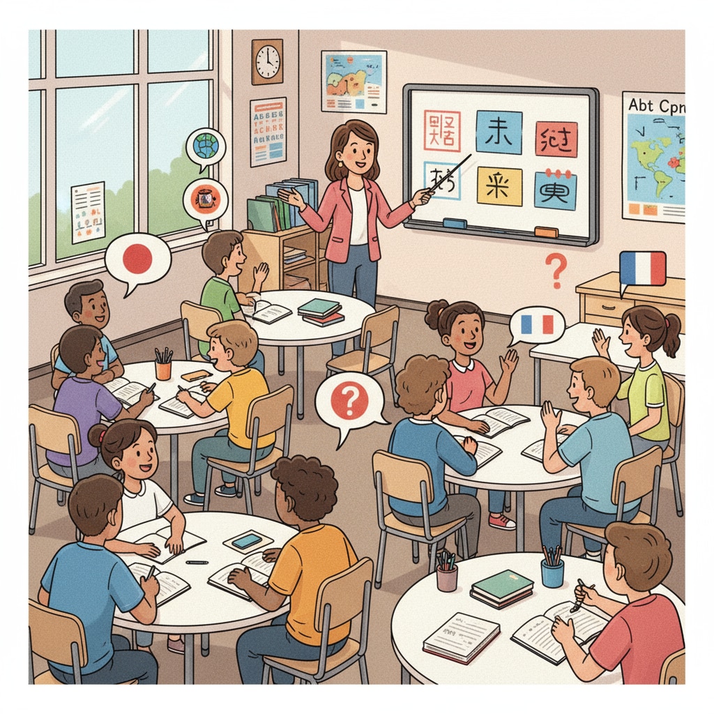 Students in a language class highlighting language learning, knowledge value, and cultural window aspects.