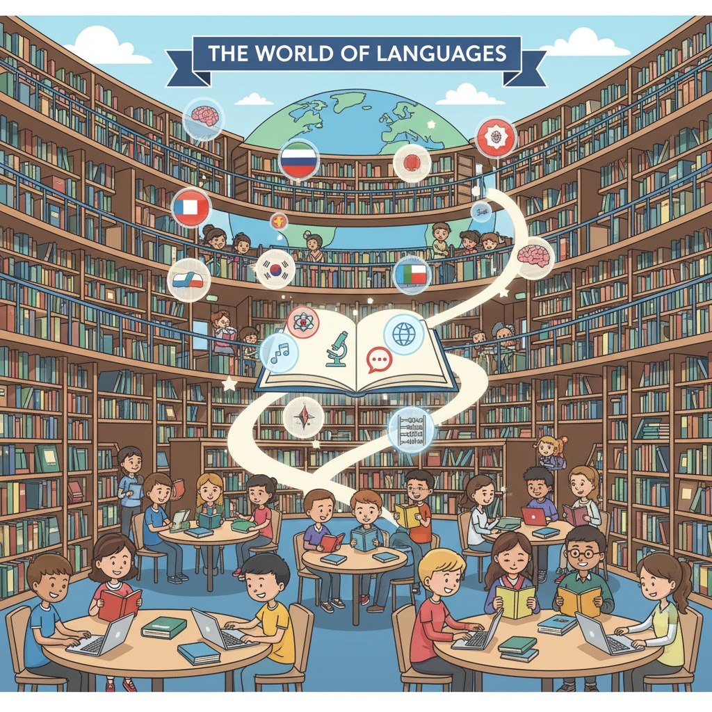 Library with books in various languages representing language learning, knowledge value, and cultural window.