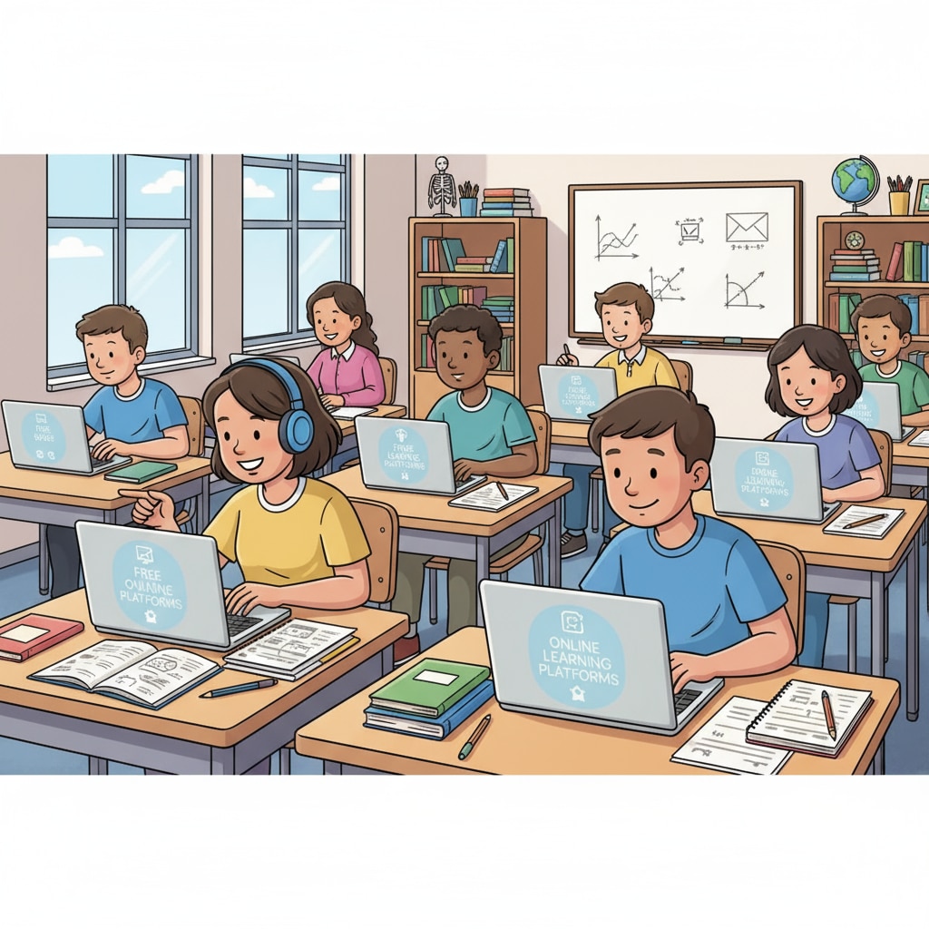Students are using laptops to access free online learning platforms in a classroom. There are textbooks and notebooks on the desks, and the students look engaged. Students accessing free online learning platforms in a classroom