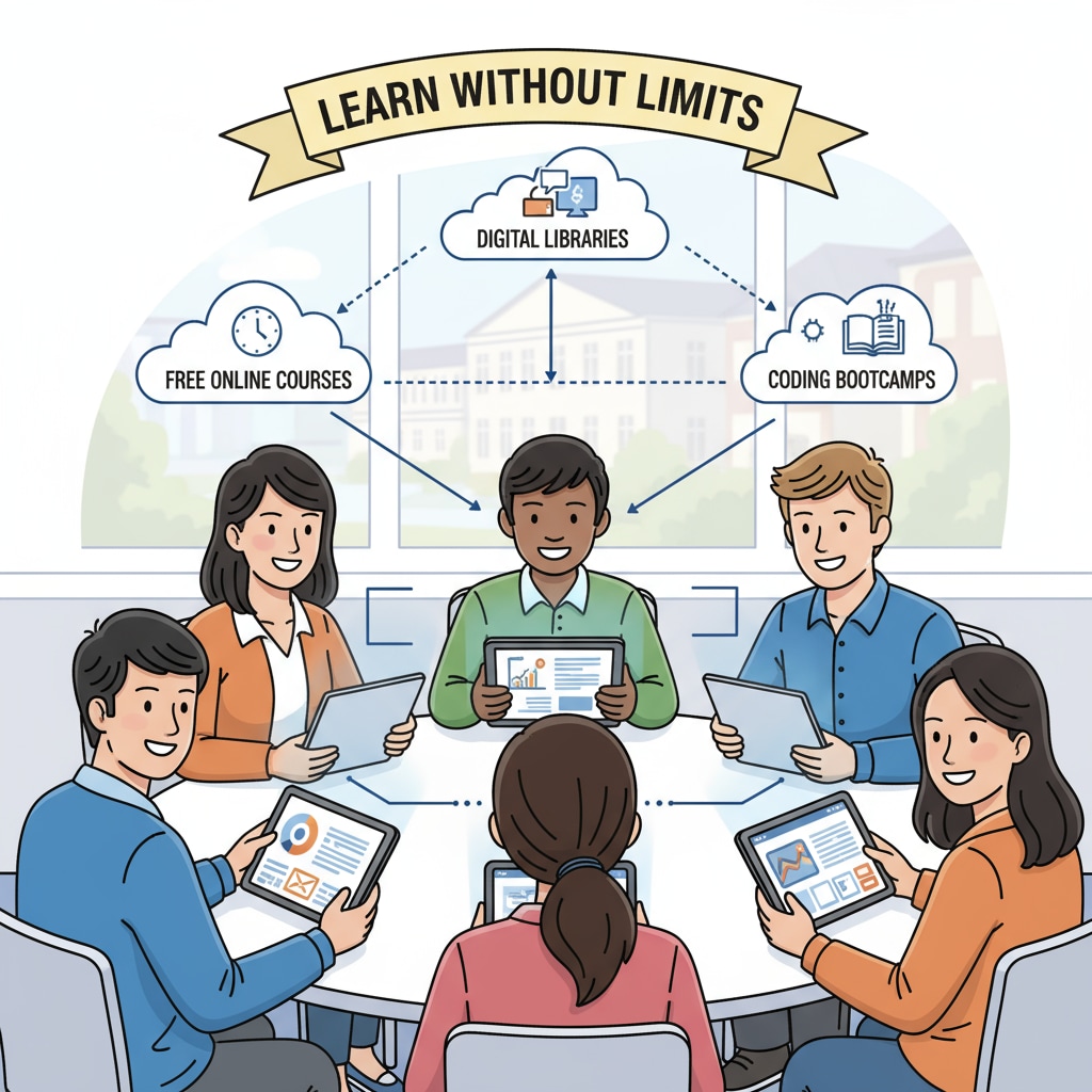 A group of students of different ethnicities are smiling while using tablets to access free online learning platforms. The tablets show educational content. Diverse group of students using free online learning platforms on tablets
