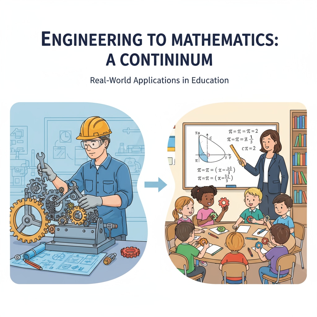 The image depicts the connection between mechanical engineering and mathematics education, showing a progression from an engineering-related activity to a math teaching scene. An image representing the transition from mechanical engineering to mathematics education in teaching