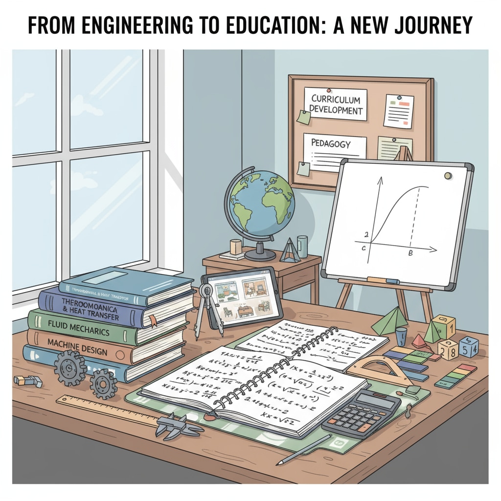 A person is engaged in the process of preparing to transition from mechanical engineering to teaching mathematics, surrounded by relevant study materials. A person studying for the transition from mechanical engineering to mathematics education teaching