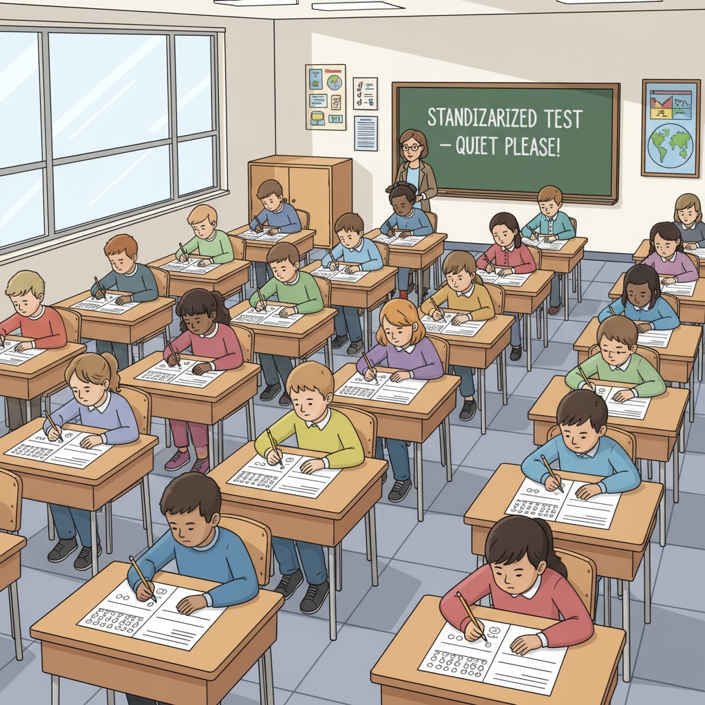 Students taking a standardized test, highlighting the role of standardized tests in educational assessment and its relation to memory and critical thinking.