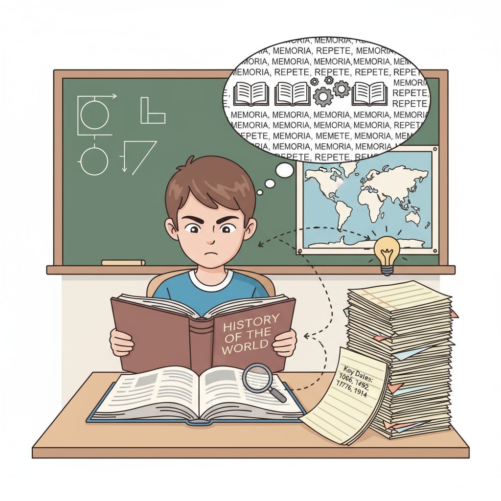 A student engaged in rote memorization, emphasizing how standardized tests may rely too much on memory recall rather than critical thinking.