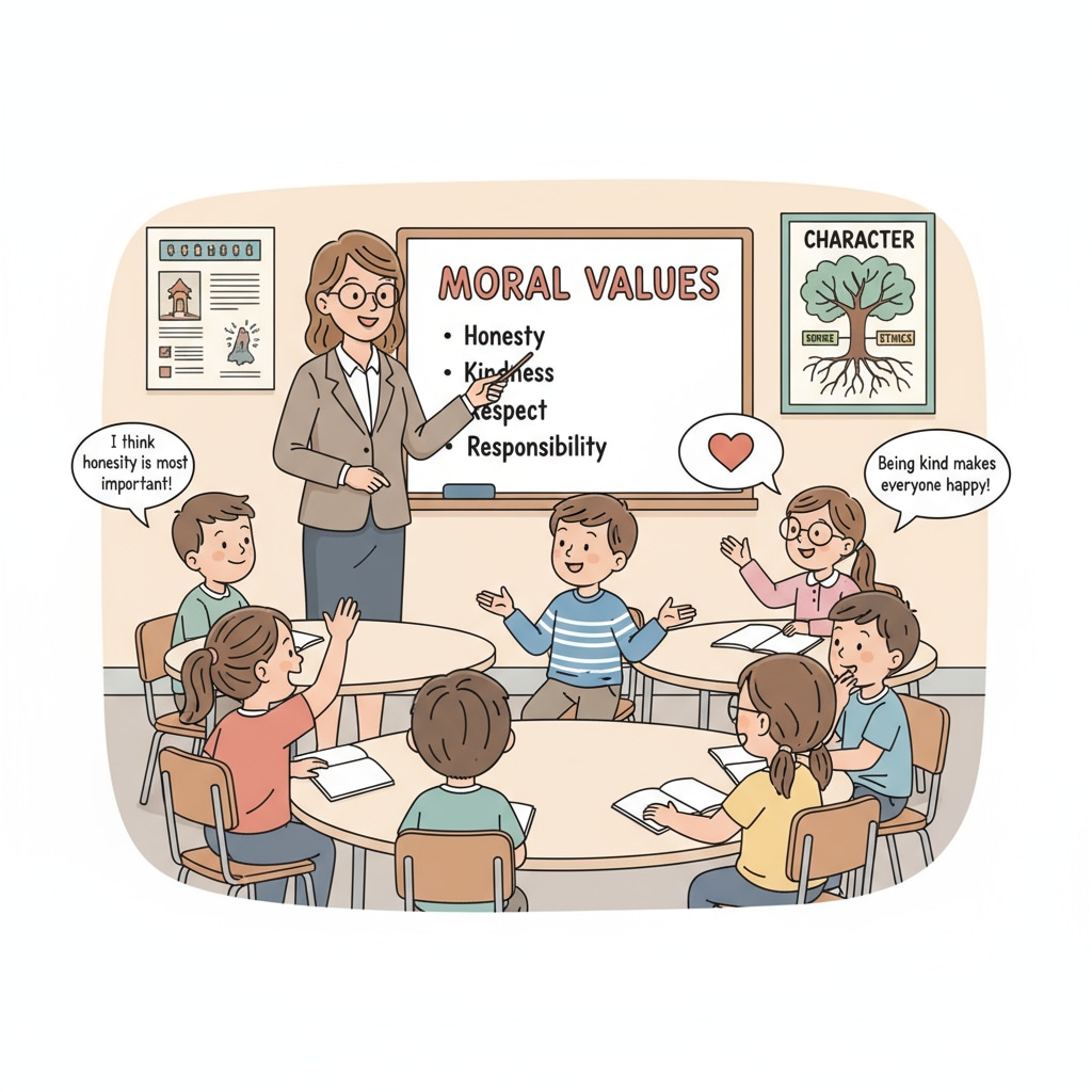 Students discussing moral values in a K12 classroom for ethical and moral education as part of civic education with compulsory credits.