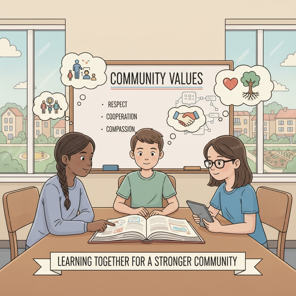 K12 students collaborating on a community values project for moral and ethical education contributing to civic education with compulsory credits.