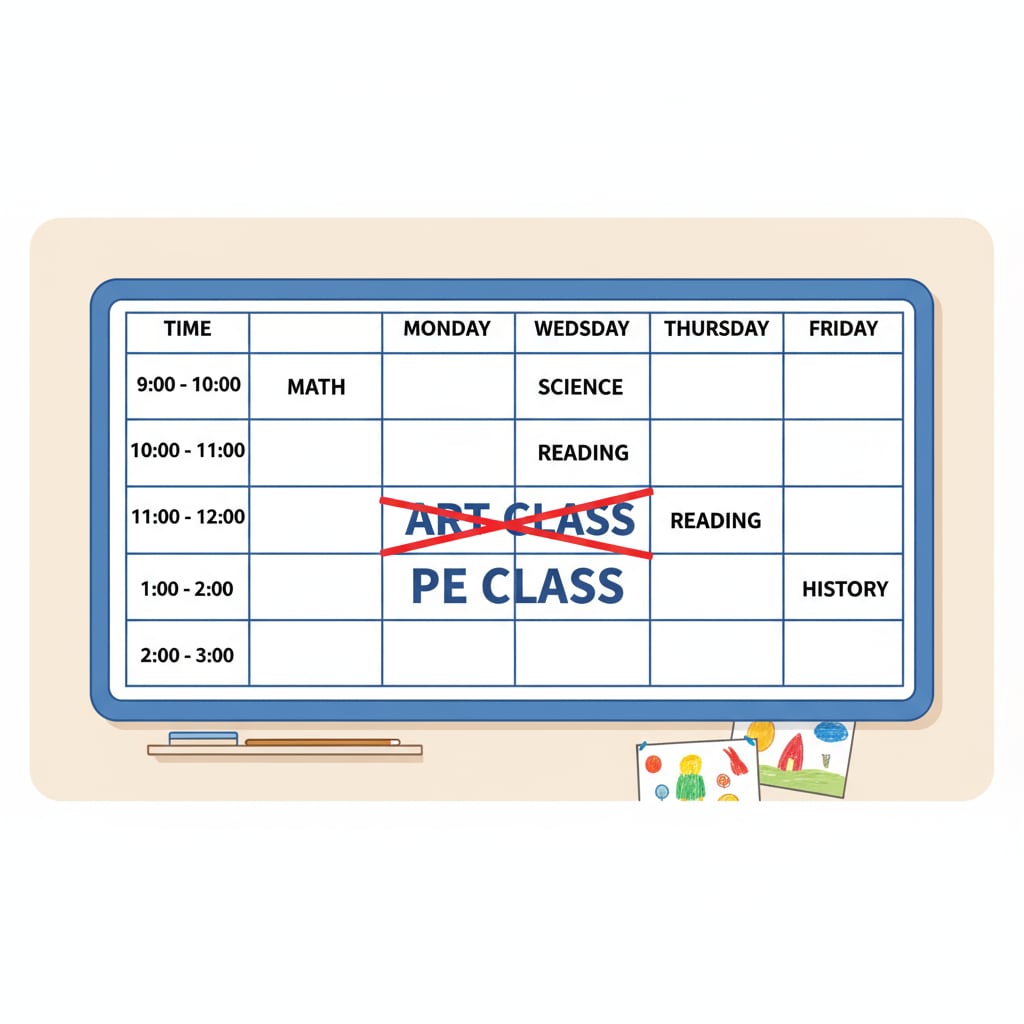 A schedule board depicting the substitution of art class with PE class due to teacher absence