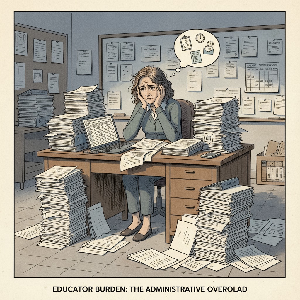A stressed teacher under heavy workload related to micro - management and teaching autonomy issues