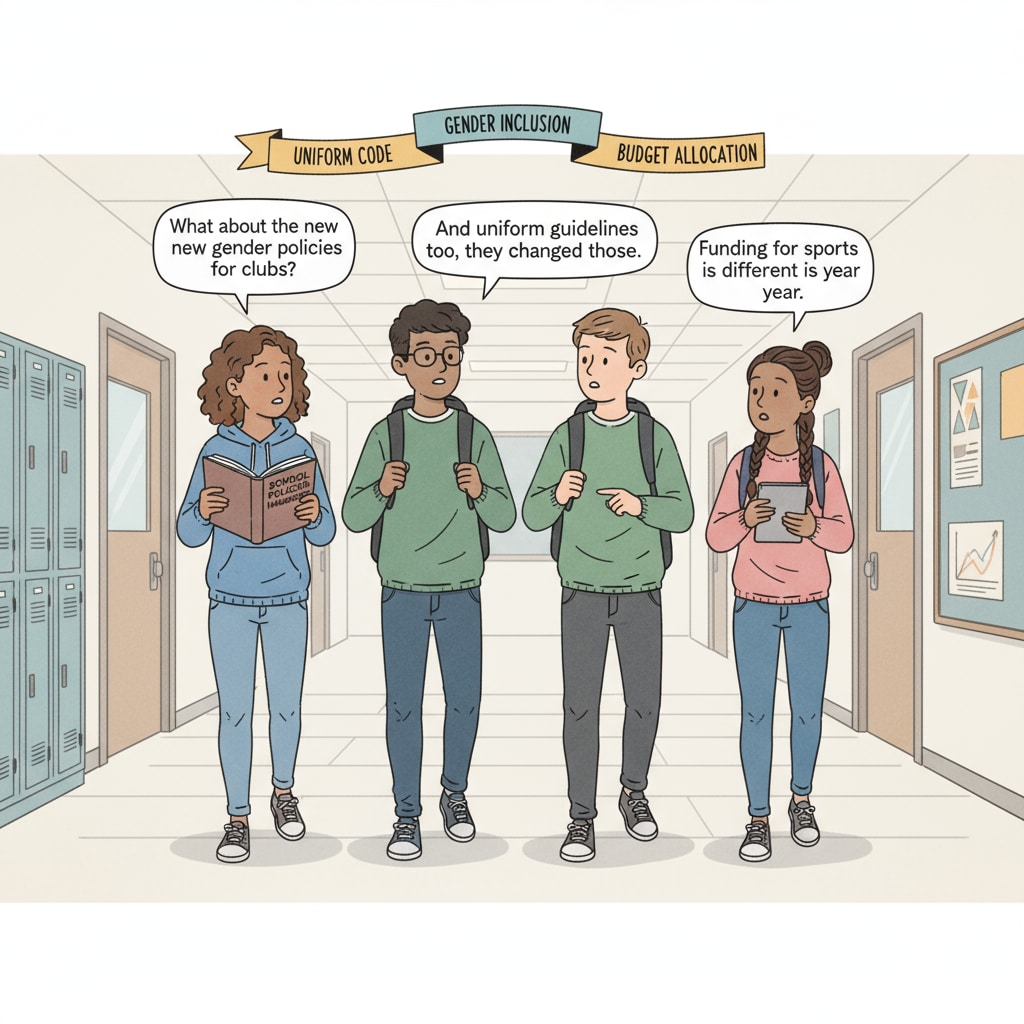 Students discussing education department, Fairfax County, gender policy in a school hallway