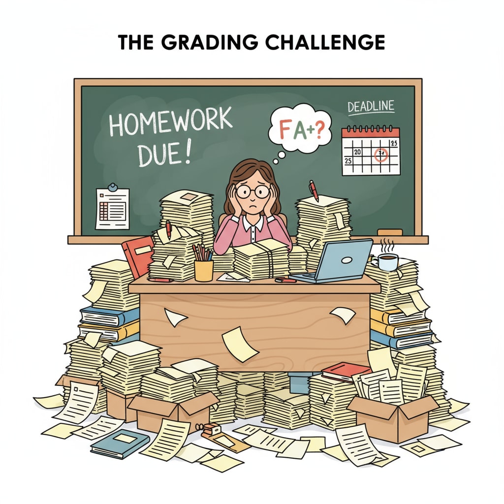 A K12 teacher dealing with a heavy workload of papers