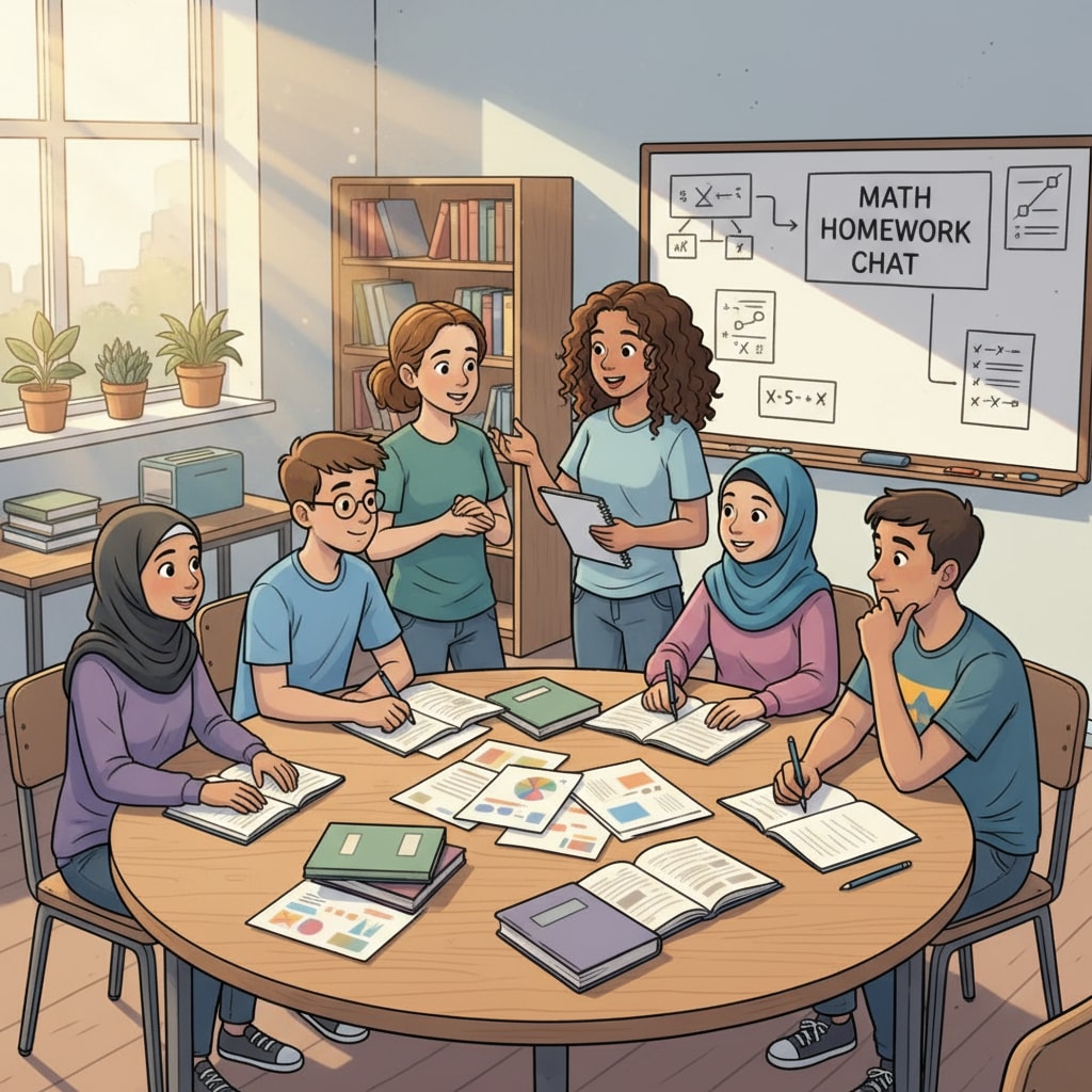 Students discussing homework in a classroom related to self-responsibility and learning motivation