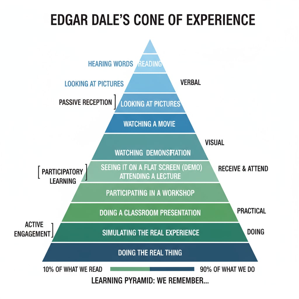 Visual representation of Edgar Dale's Cone of Experience model relevant to learning theories, learning hierarchy, and experiential learning