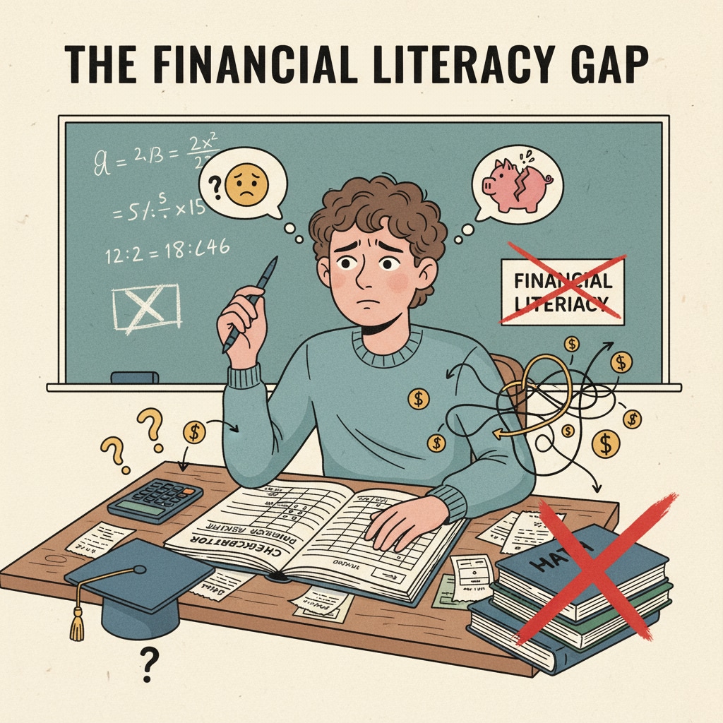 Young adult struggling with financial tasks due to lack of school education in practical skills