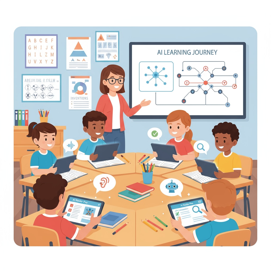 Classroom scene with students using AI-generated reading materials with interactive elements for educational applications