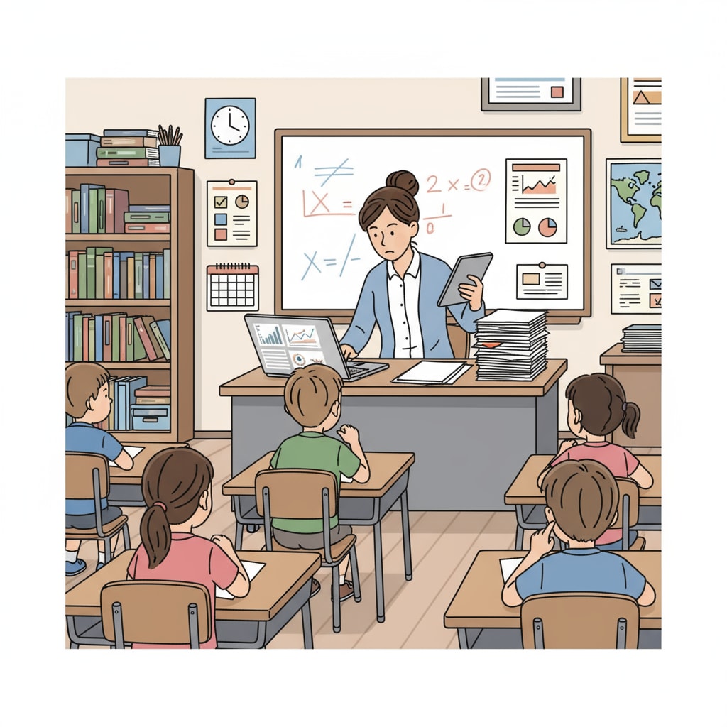 A teacher in a classroom struggling with data recording amidst teaching duties related to data recording, micromanagement, and teaching autonomy