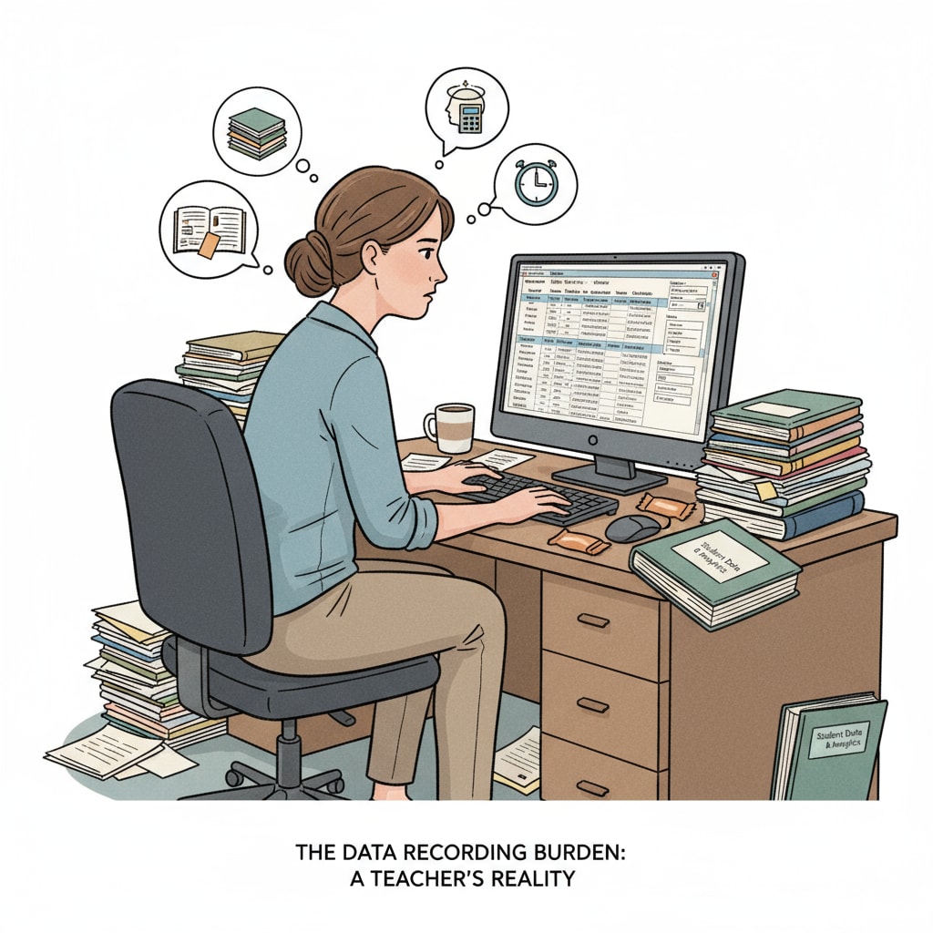 A teacher engaged in data recording on a computer system in relation to data recording, micromanagement, and teaching autonomy