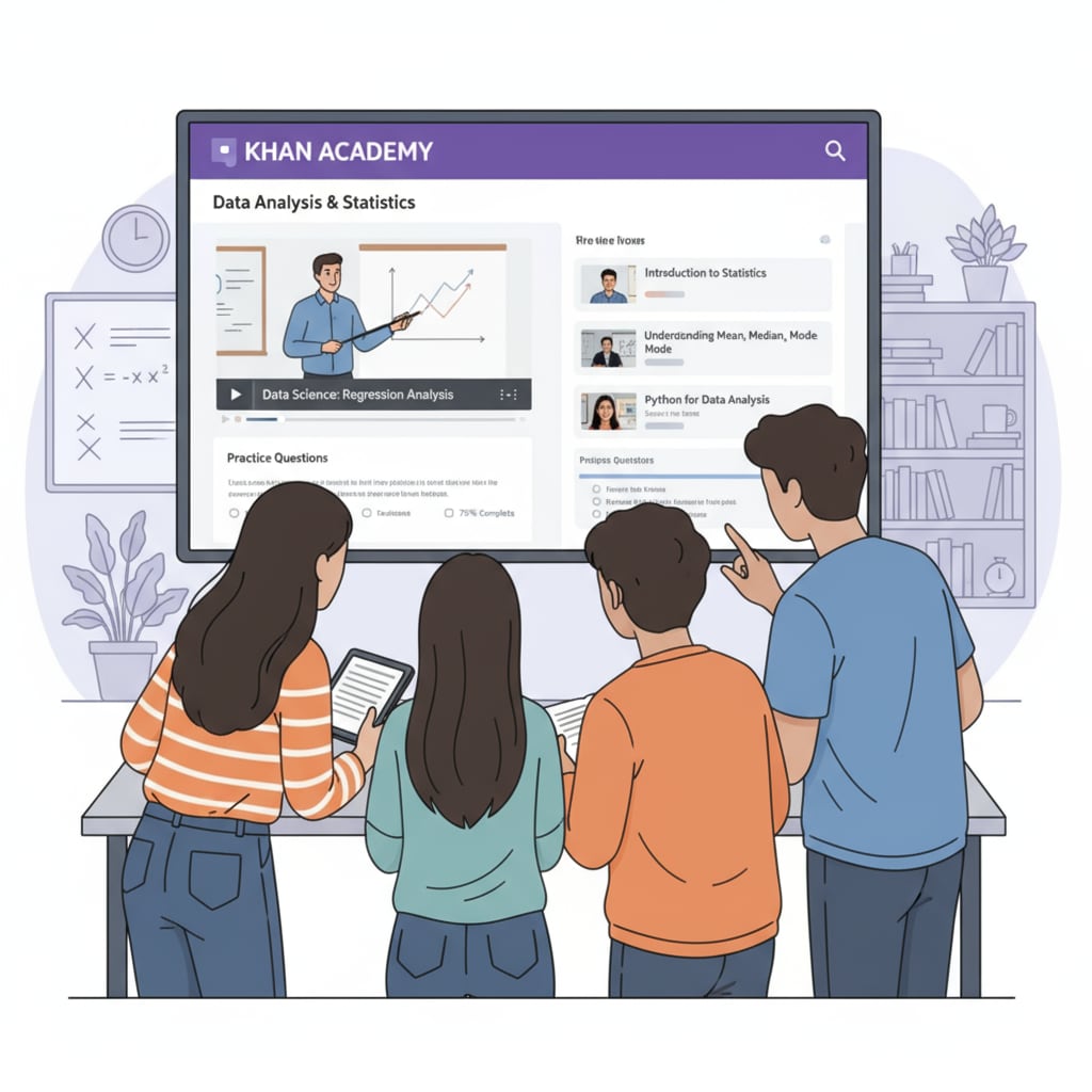 Students learning data analysis through Khan Academy's free courses