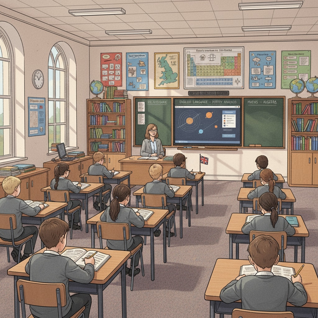 A traditional classroom in the UK related to curriculum in the education system