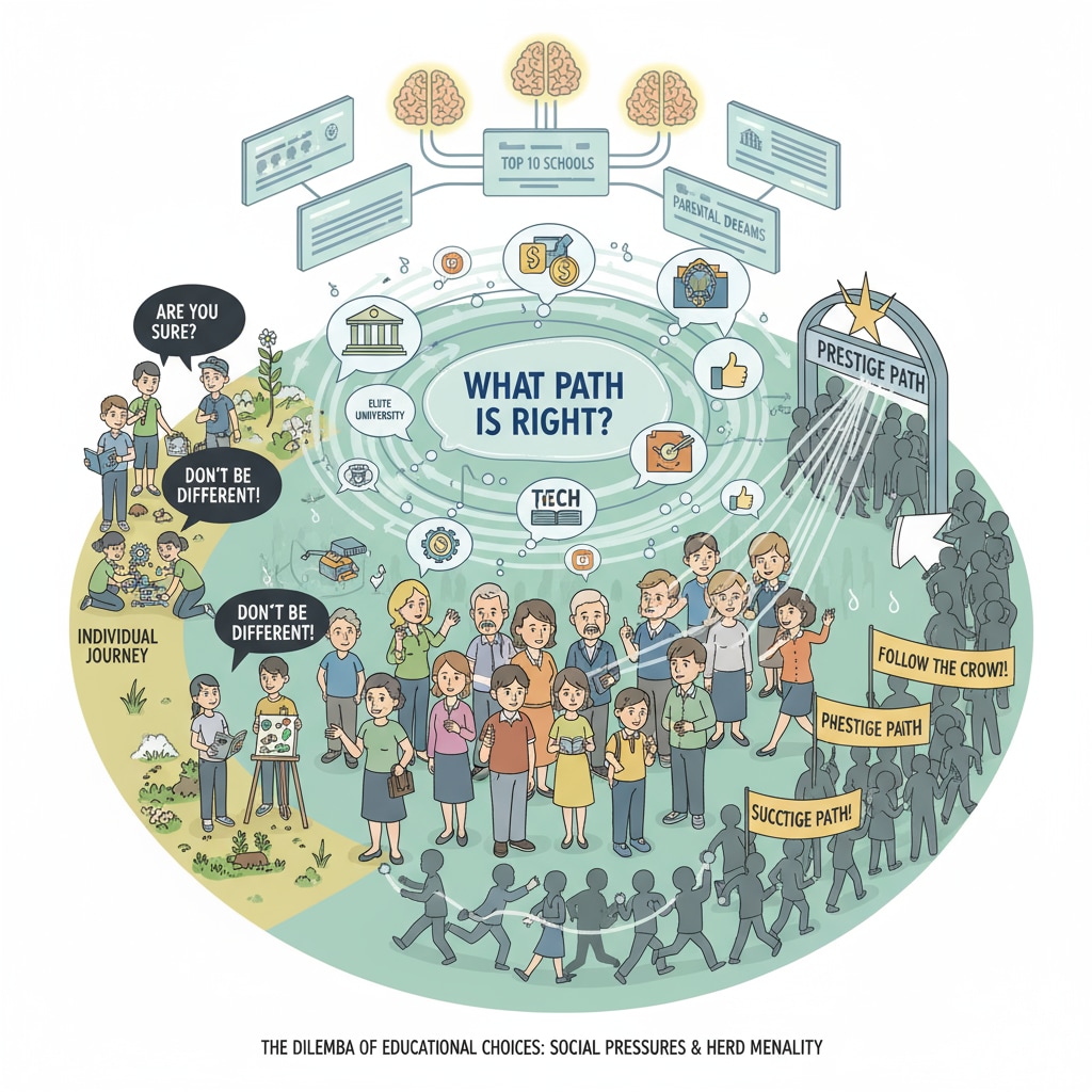 Students and parents facing difficulties in education choices due to social pressures and herd mentality.