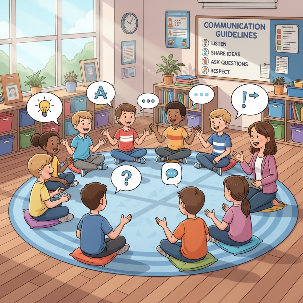 K12 classroom scene highlighting communication skills, dialogue, and active listening during a group discussion