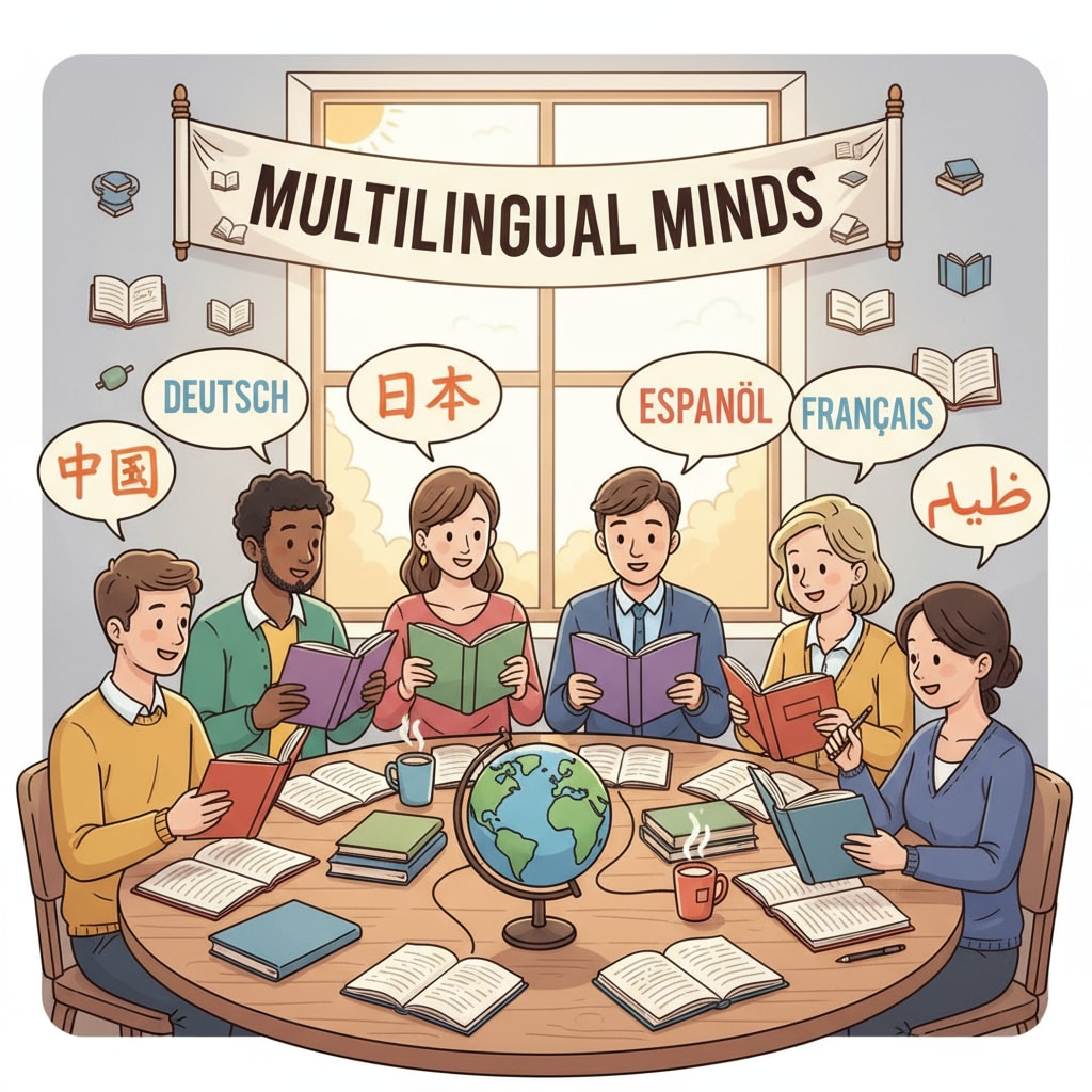 People engaged in multilingual learning with various language books.