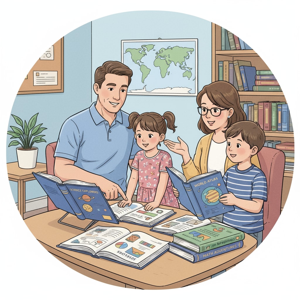 Parents and children exploring academic resources for family education during a study session