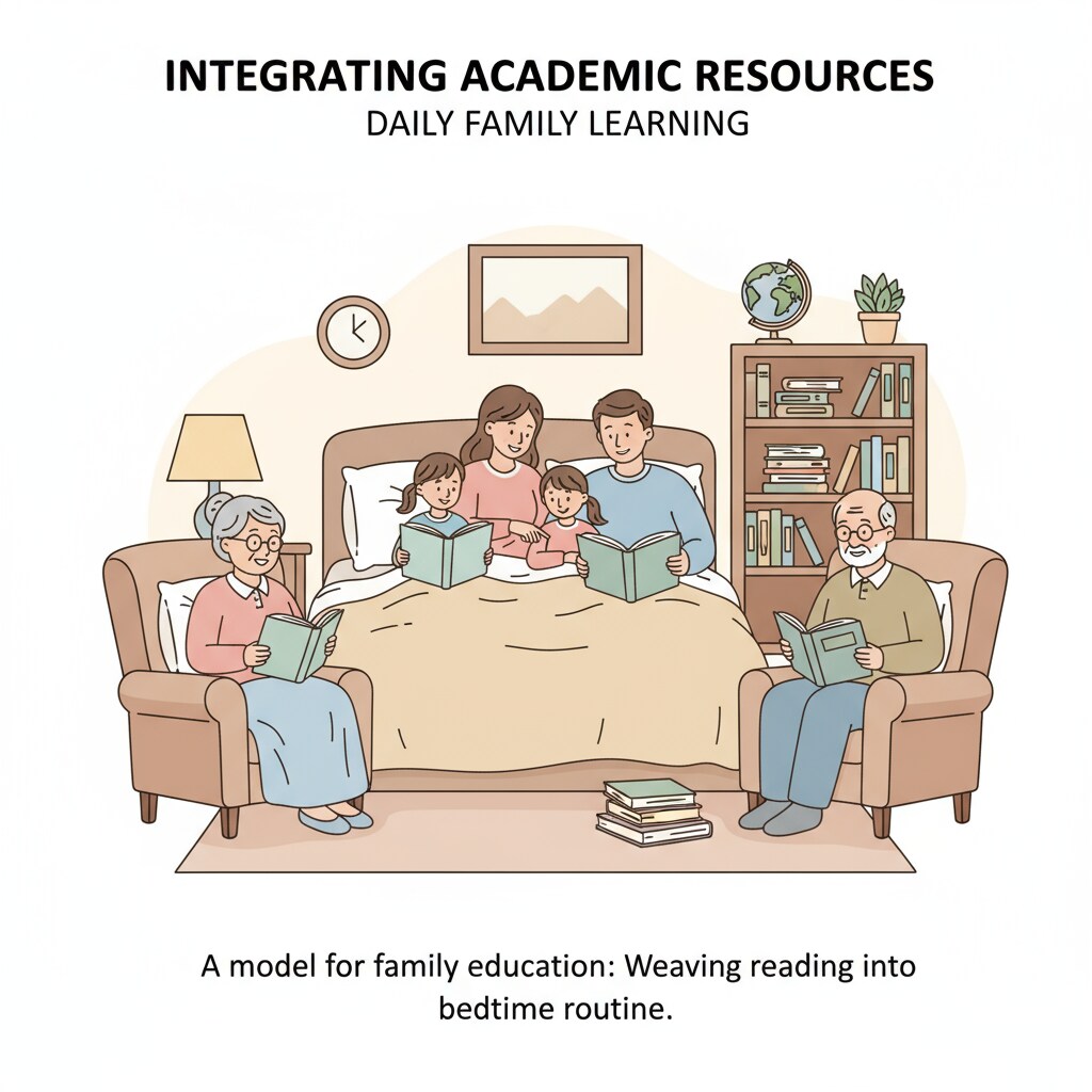 Family reading books at bedtime as part of family education schedule with academic resources