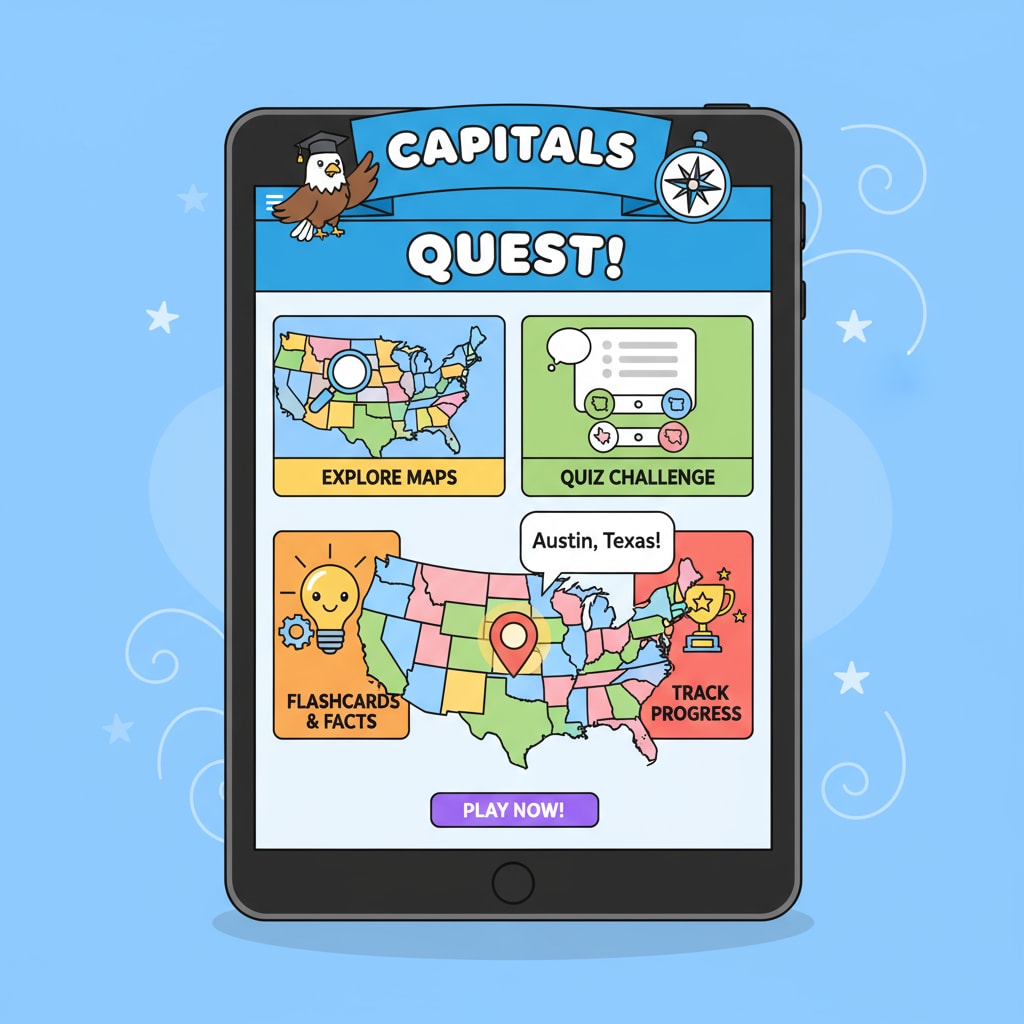 Screenshot of an American state capital learning app for geography education