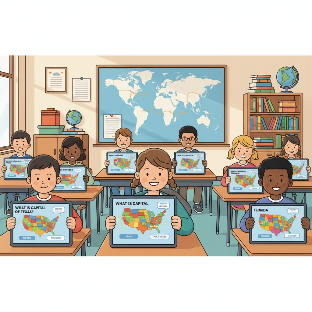 Students playing state capital quizzes on tablets for American geography learning
