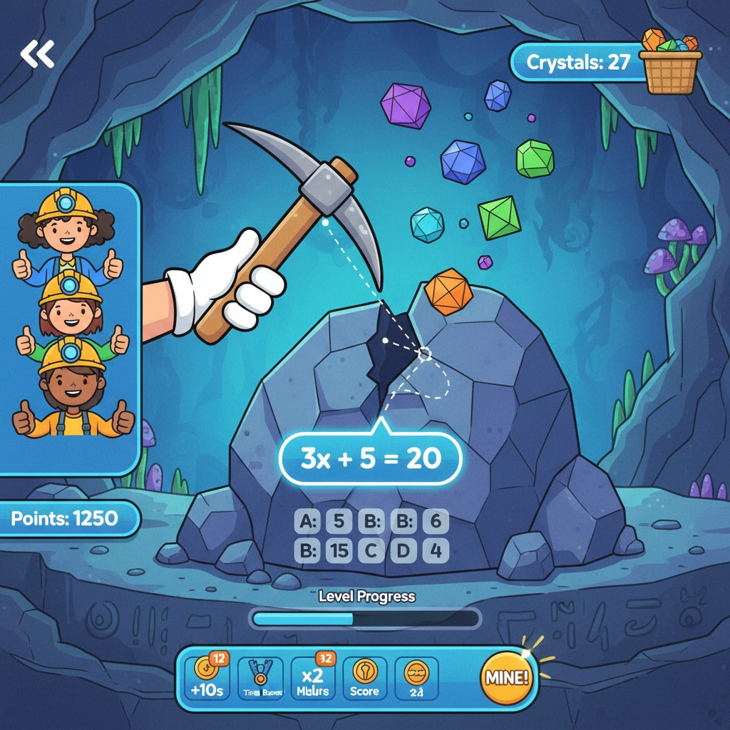 Crystal mining math game prototype screenshot related to educational games