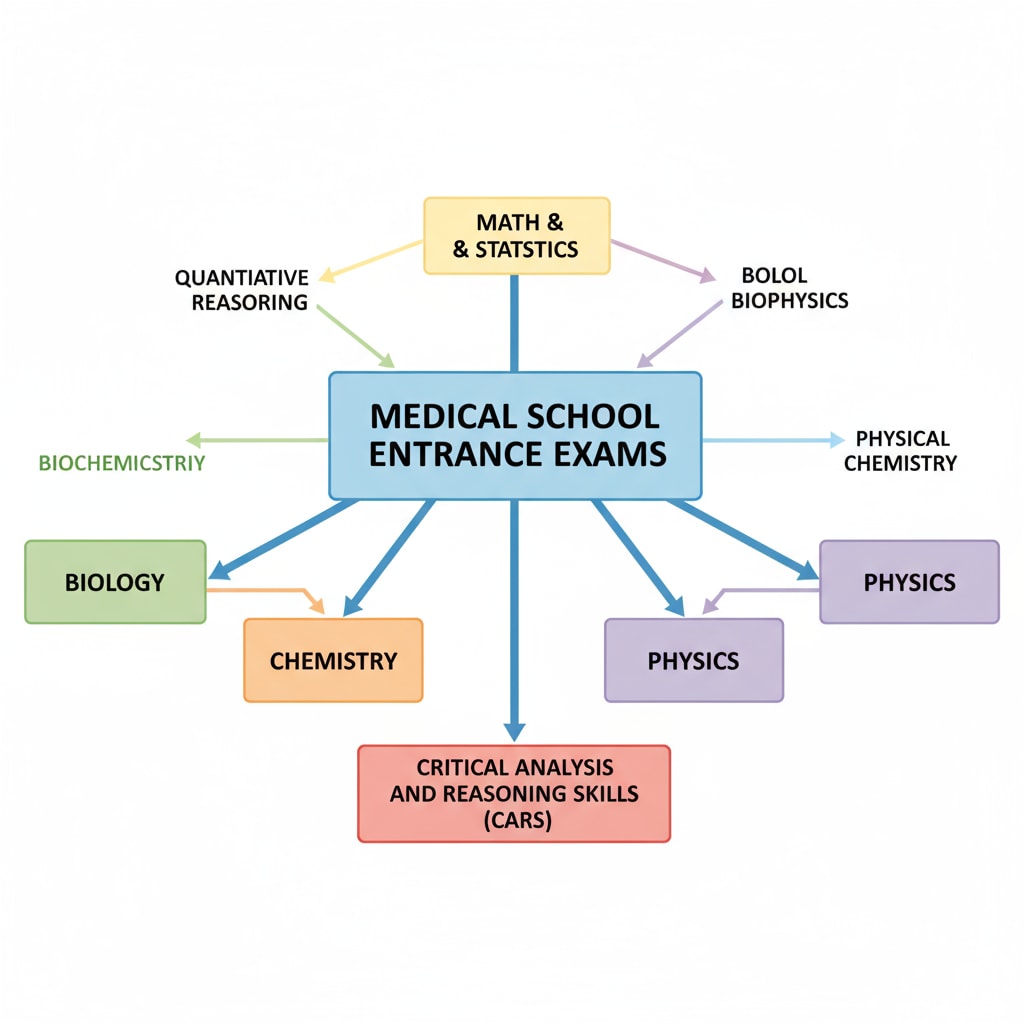 Diagram showing subjects related to medical school entrance exams for better understanding to overcome learning obstacles and self-doubt
