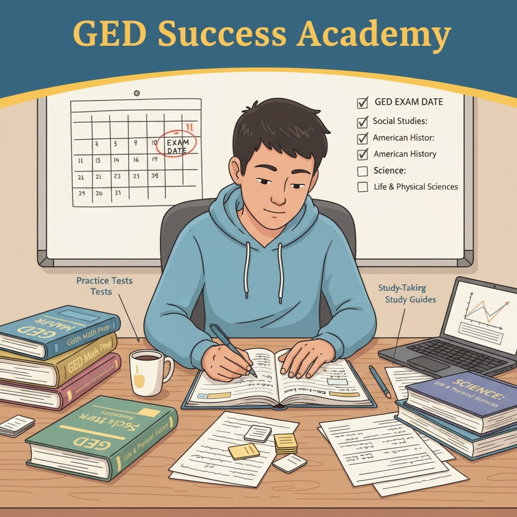 A person studying for GED exams at home