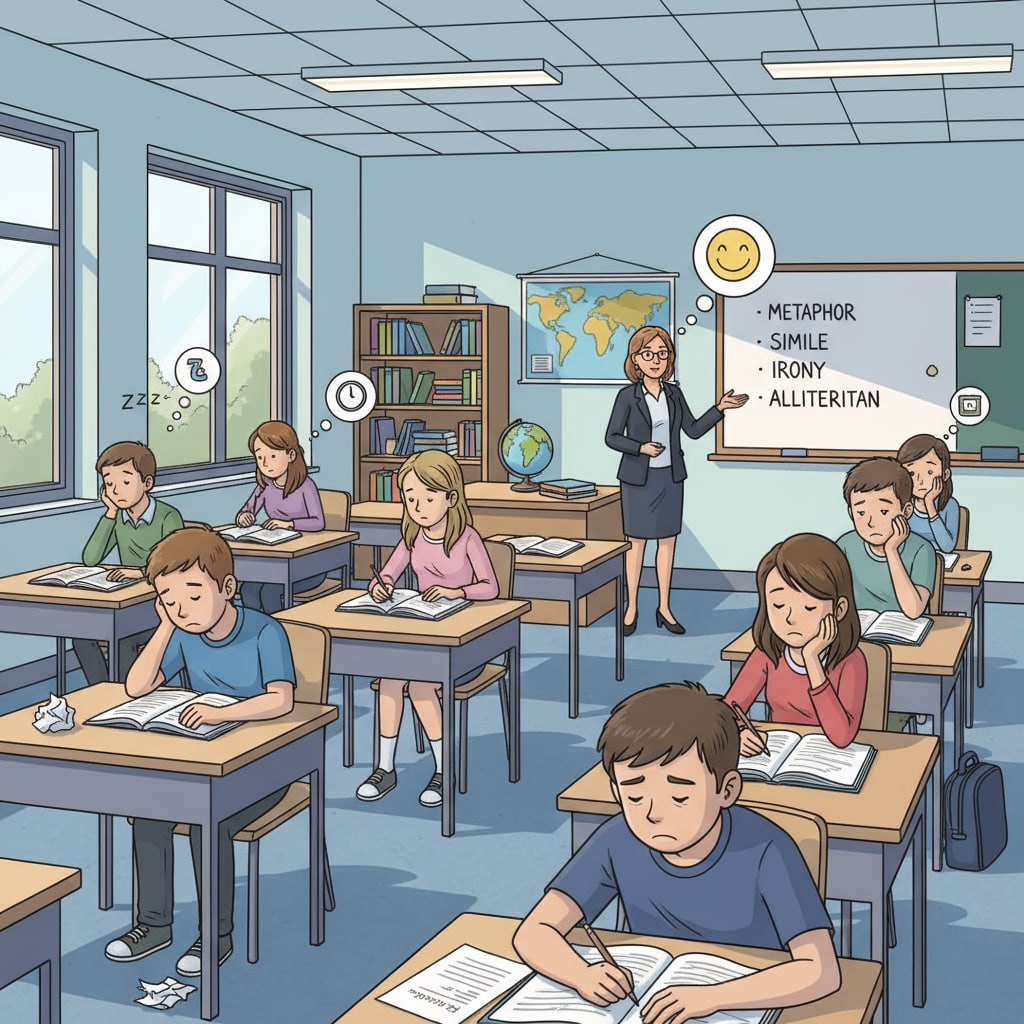 Bored students in a 9th grade English class reflecting poor learning experiences due to teacher attitude