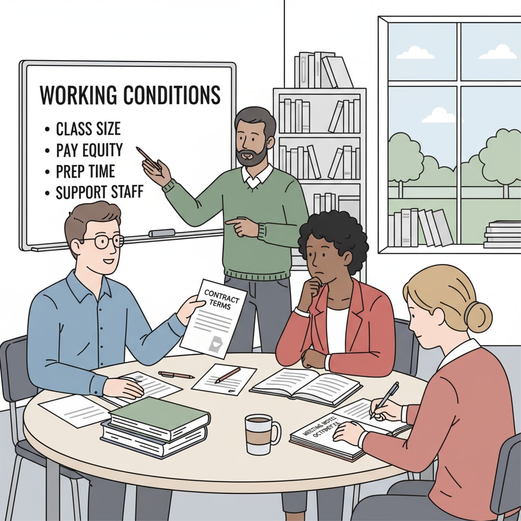Teachers discussing teaching working conditions in a meeting related to education research questionnaire