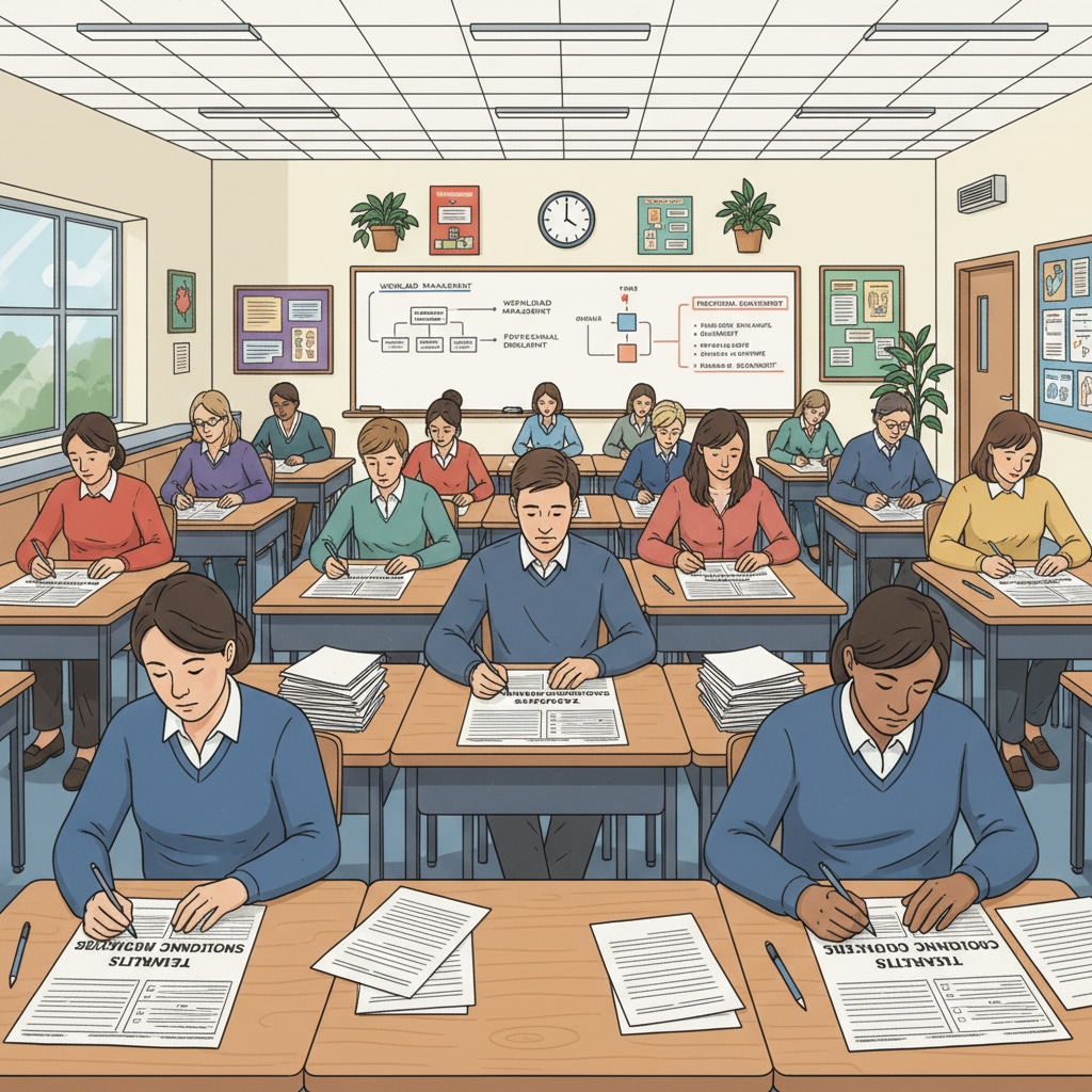 Teachers filling out questionnaires about teaching working conditions for education research