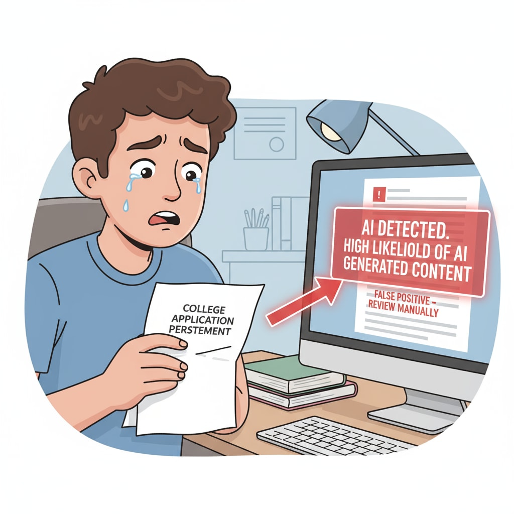 A worried student with a college application personal statement and an AI detection false alarm