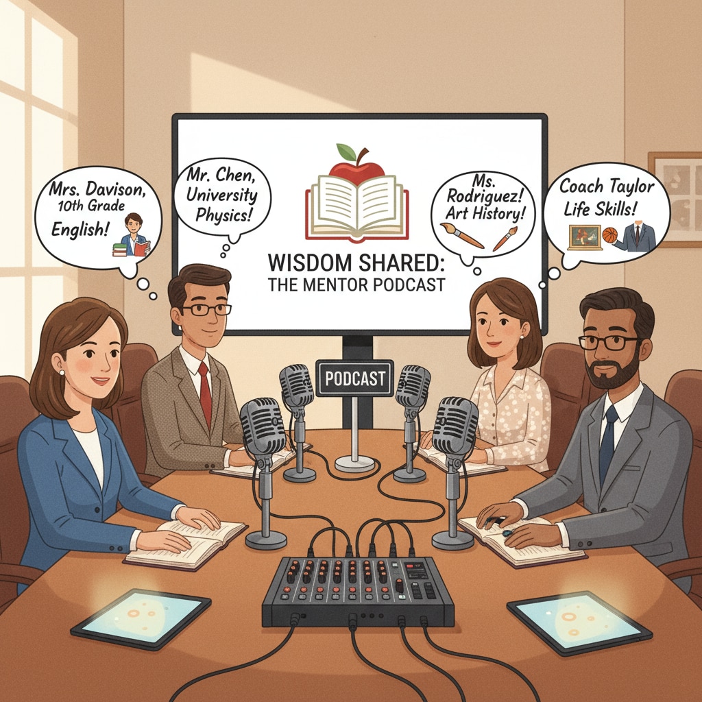 Successful people sharing memories of their favorite teachers on a podcast