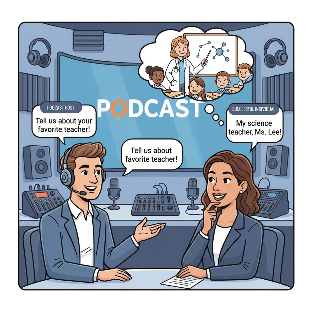 Podcast host interviewing a successful person regarding their favorite teacher