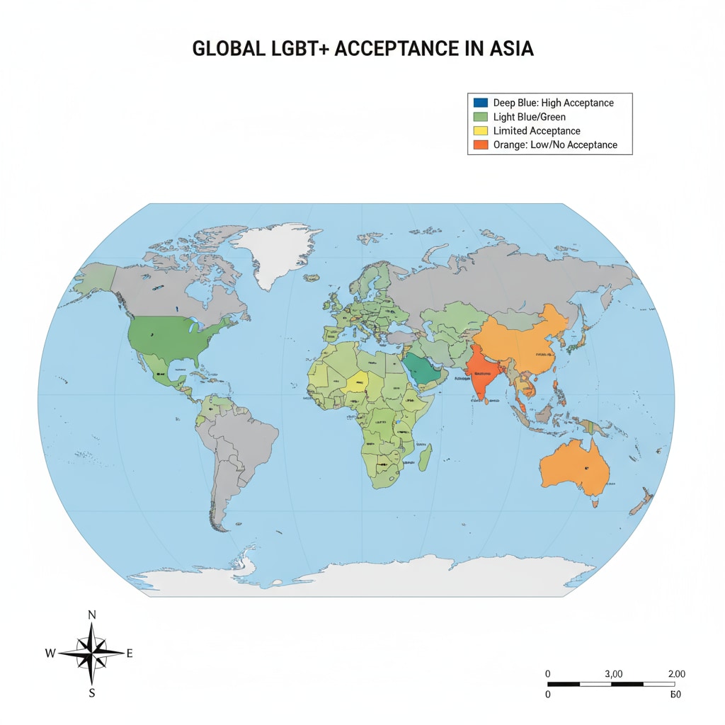 Map showing Asian countries' acceptance of LGBT+ for transgender students studying psychology