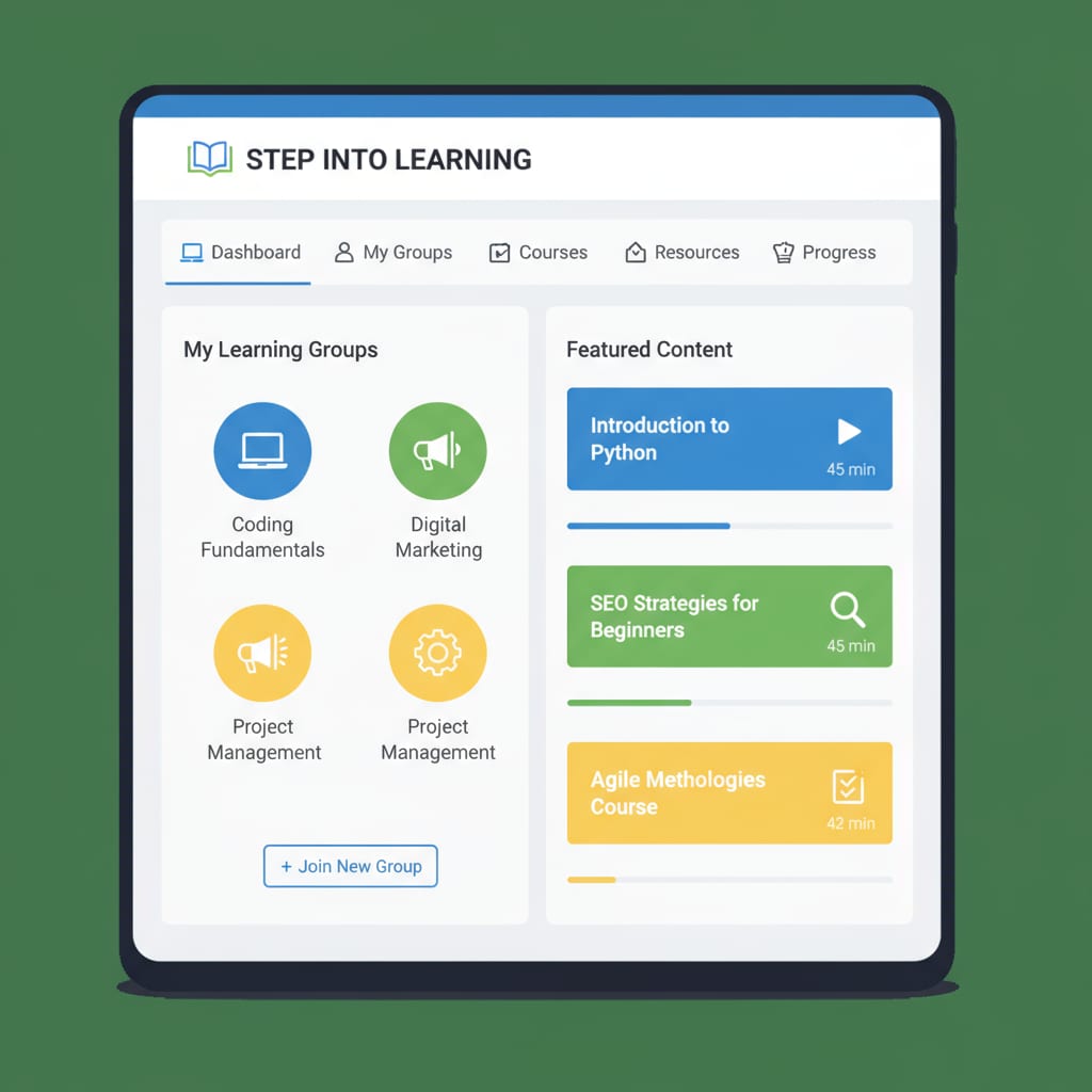 Screenshot of Step Into Learning platform with open learning groups and diverse content in an uncensored social media learning environment