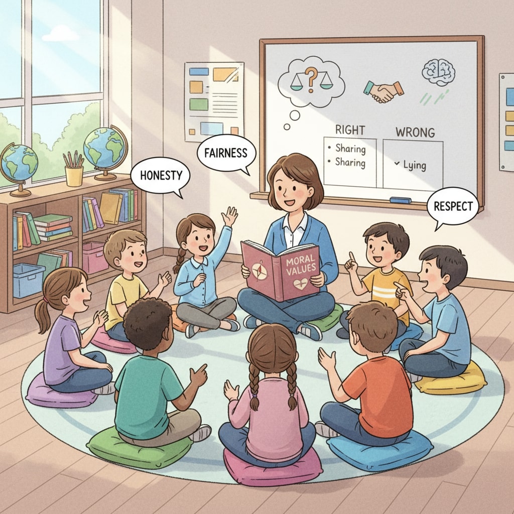 A classroom scene where students are engaged in a discussion about moral values. Students are sitting in a circle, expressing their thoughts and opinions on ethical matters. Classroom discussion on moral values for moral and ethical education, compulsory courses, and civic education