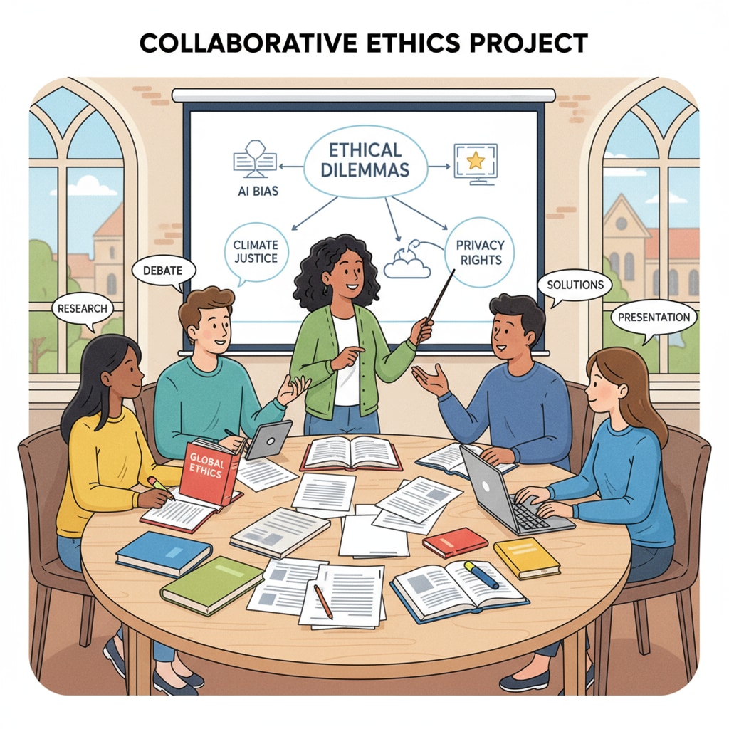 A group of students collaborating on a project related to ethical issues. They are working together, researching and presenting their findings on various ethical topics. Students collaborating on an ethical project for moral and ethical education, compulsory courses, and civic education