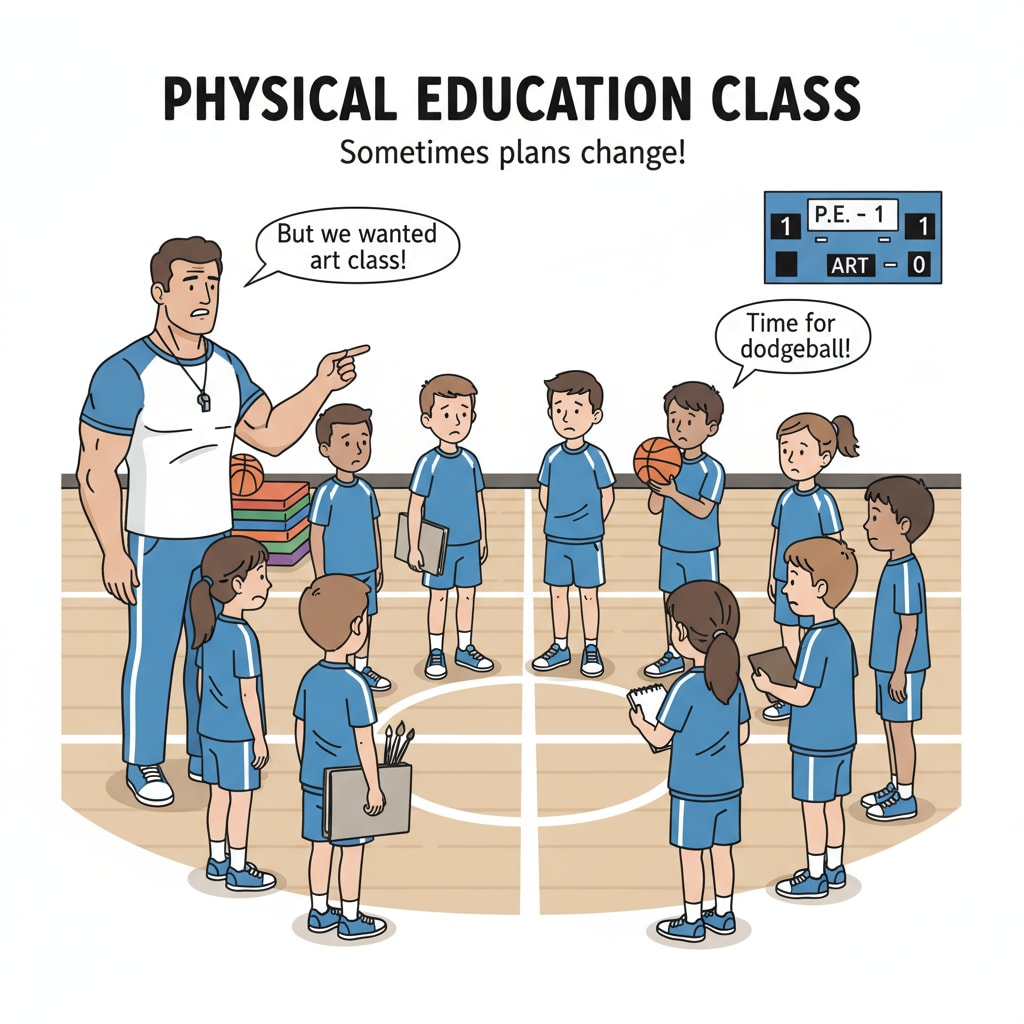 Students waiting in a physical education class instead of a special course due to teacher absence