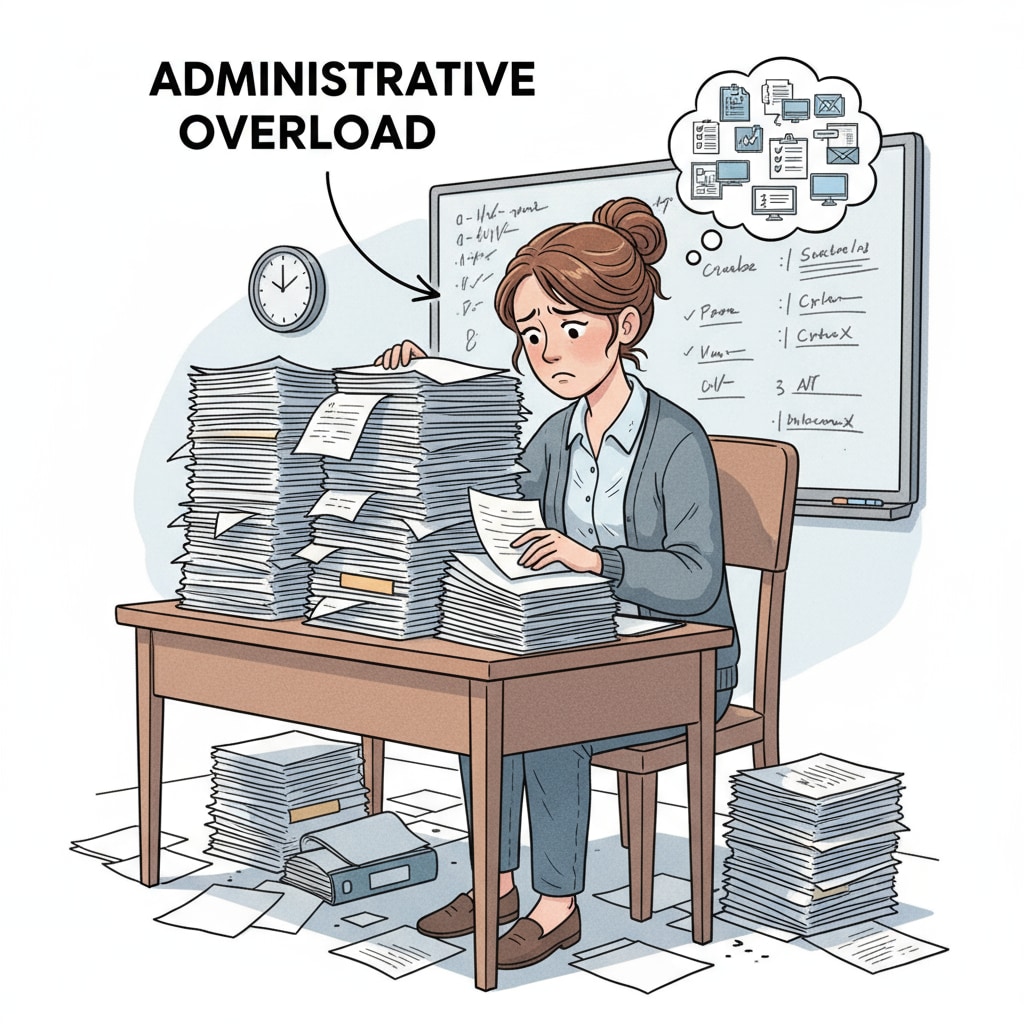 A teacher burdened with administrative paperwork due to micro - management