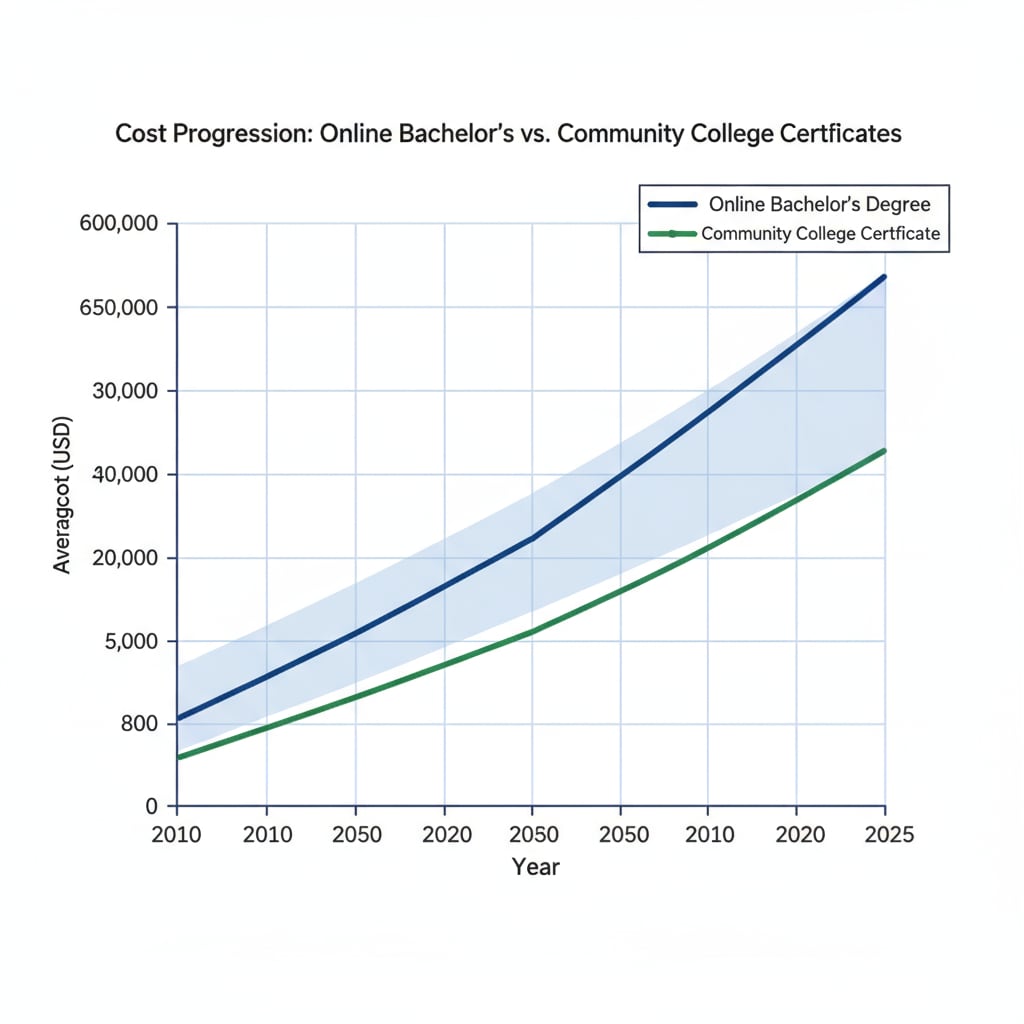 Graph showing educational cost trends for online bachelor's degrees and community college certificate programs relevant to educational cost, data analysis, and career planning