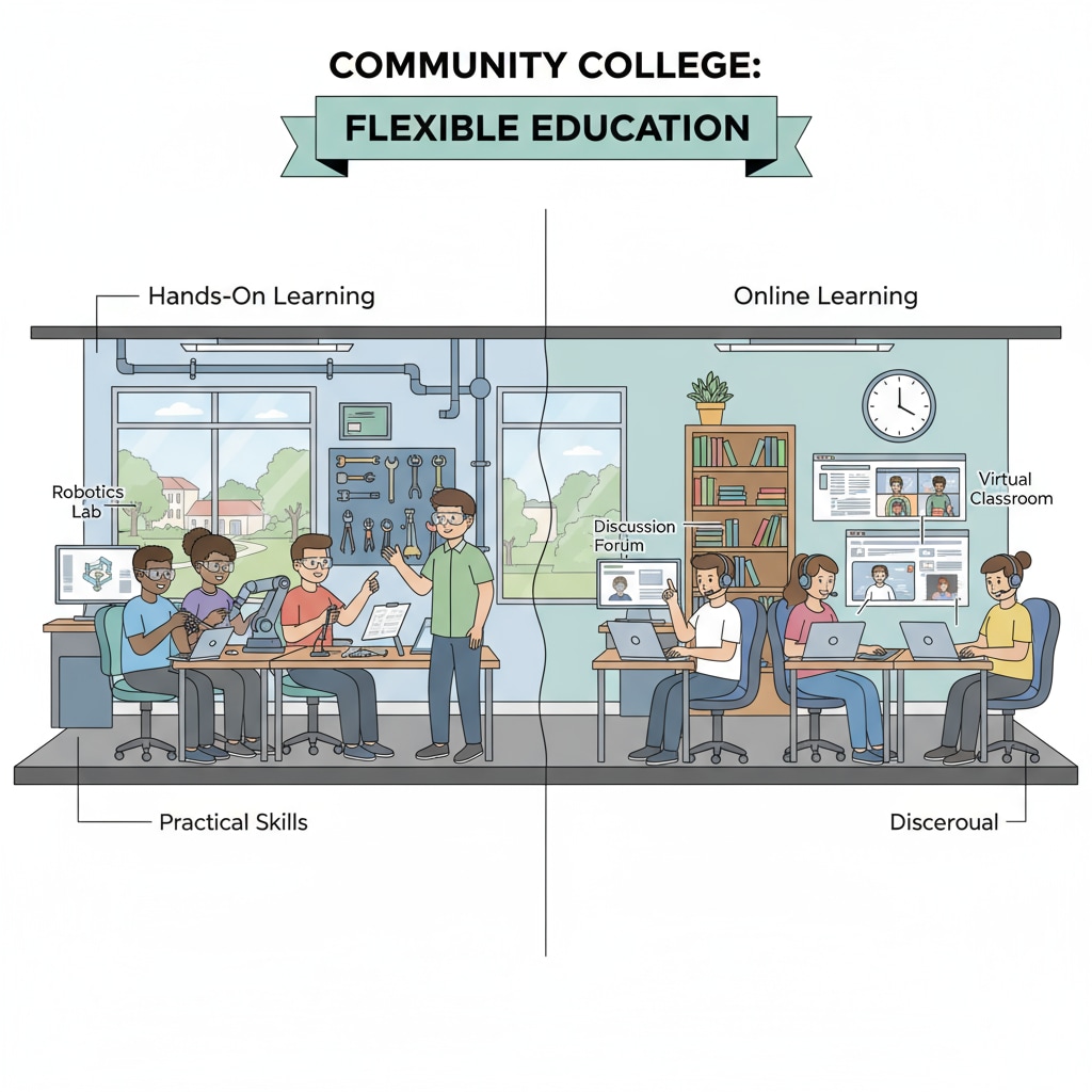 Illustration of community college and online learning environments related to educational cost, data analysis, and career planning