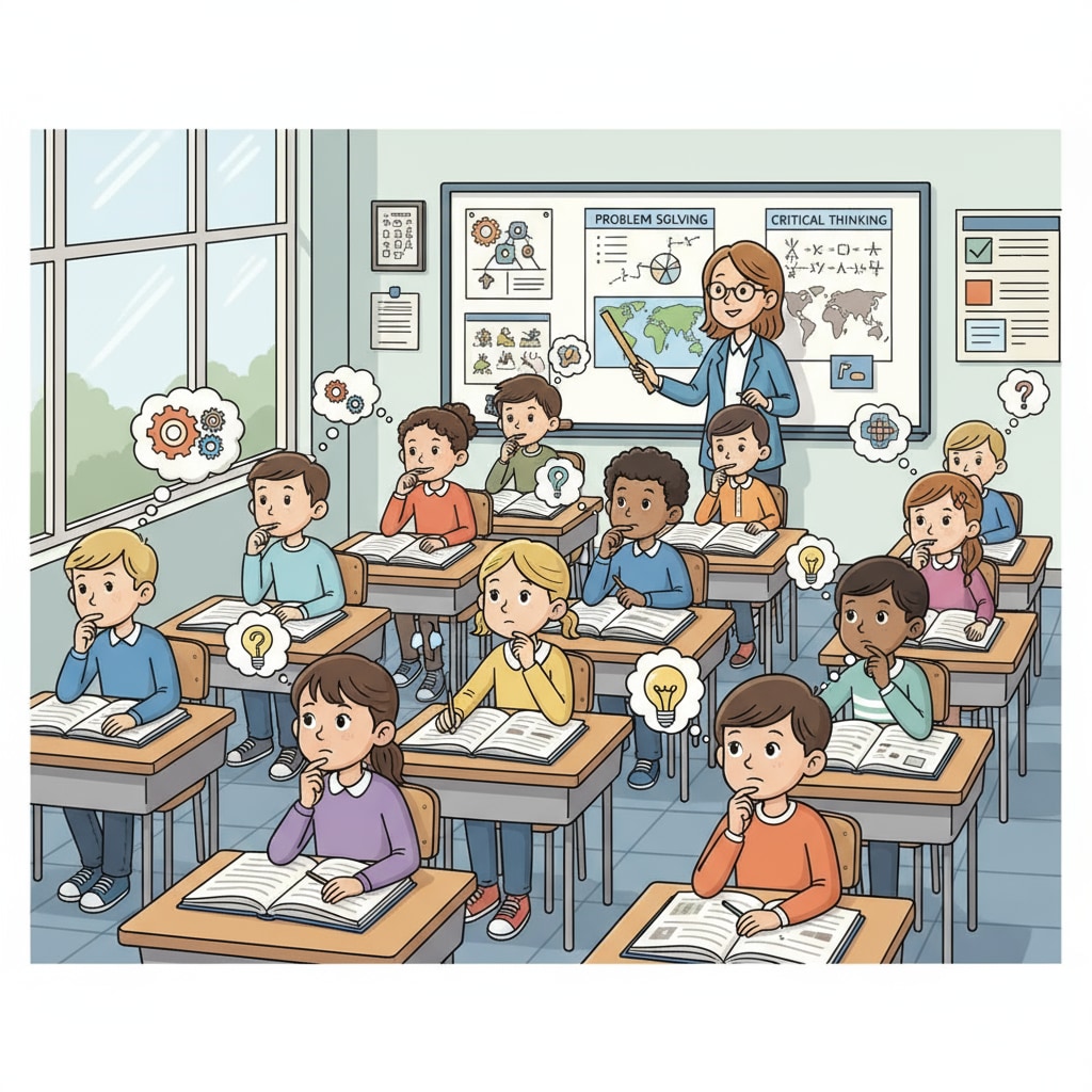 Students demonstrating thinking abilities, concentration, and cognitive functions in a classroom
