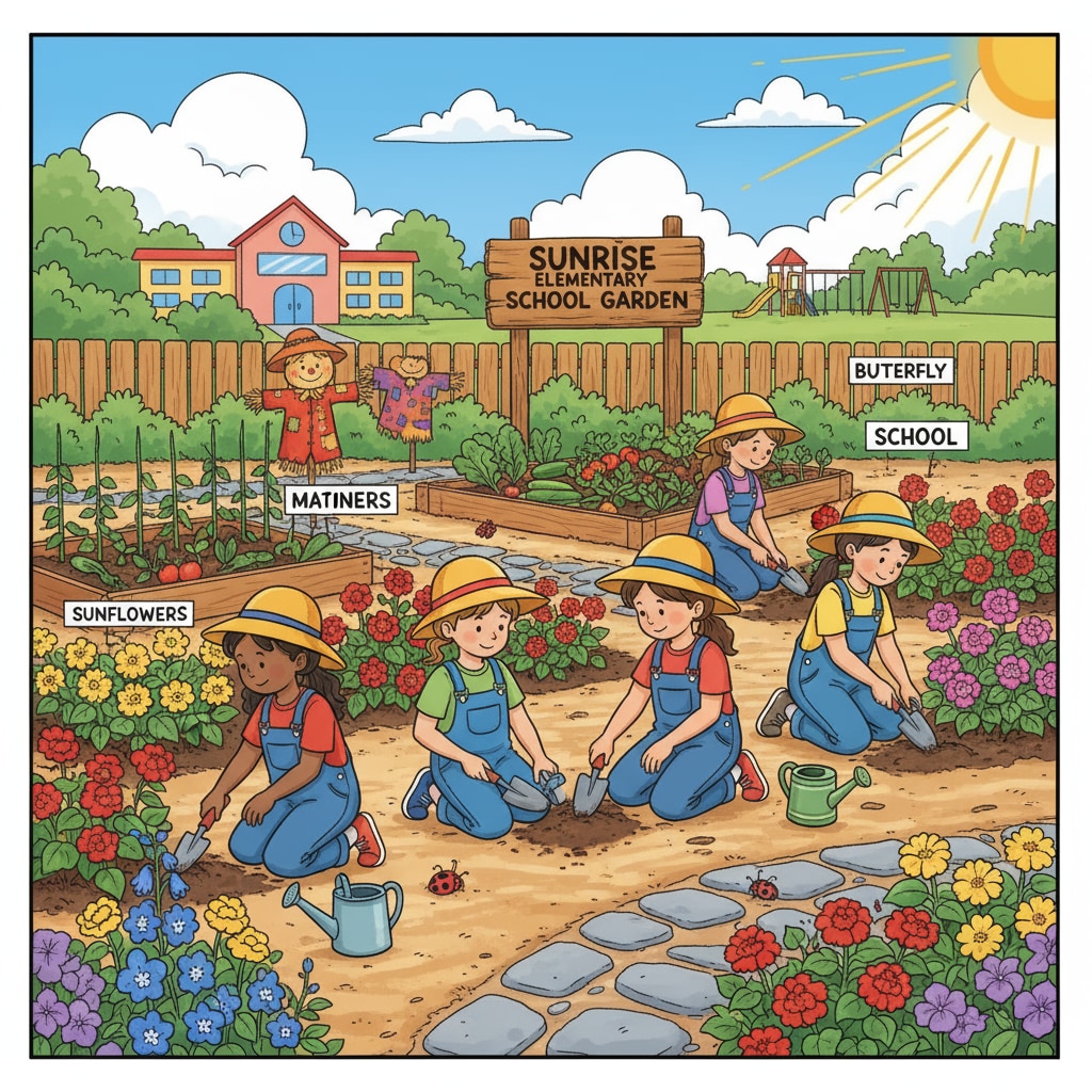 A school garden as a teaching tool for student development with students planting flowers